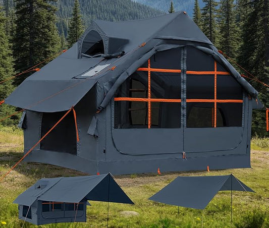 Inflatable Tents for Camping with Stove Jack, 2/4/6/8 Person Easy Setup Blow Up Tents for 4 Seasons Waterproof Inflatable Camping Tent with Awning, Air House Glamping Tents for Camping Adult