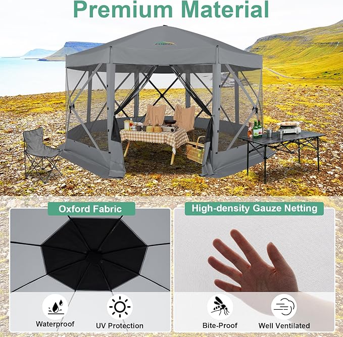 COBIZI 15x15 FT Pop Up Gazebo - Canopy Tent, Large Gazebos On Clearance,Instant Screened in Gazebo,carpas para Patio,Portable Screen Tents for 12-15 Persons Outdoor Camping, Backyard,Gray