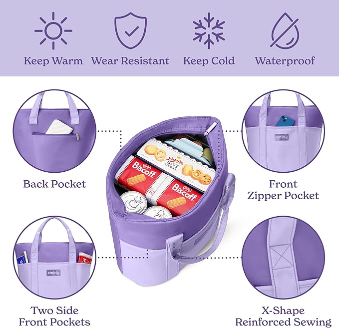 SMIRLY Large Insulated Cooler Bag, Thermal Insulated Grocery Bags, Collapsible Cooler Tote for Travel,Beach or Picnic