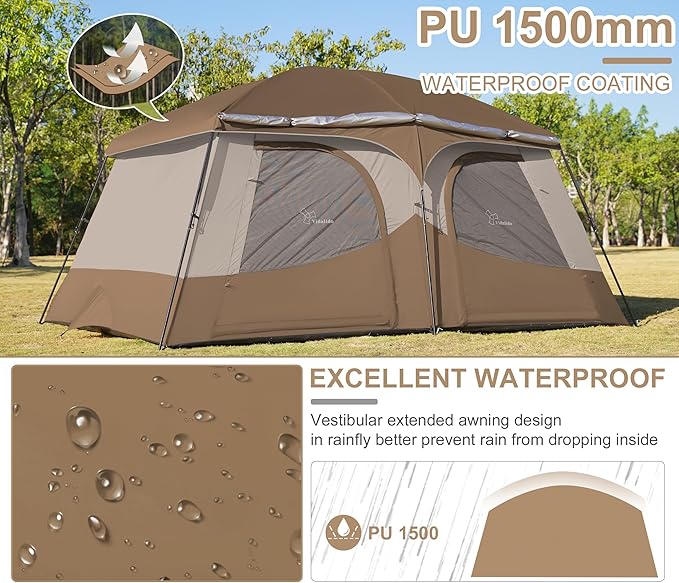 Vidalido Tents，8-10 Person Camping Tent with Extended Vestibule，2 Room Weather Resistant Family Tents，Easy Install Waterproof Outdoor Tent for Camping Hiking