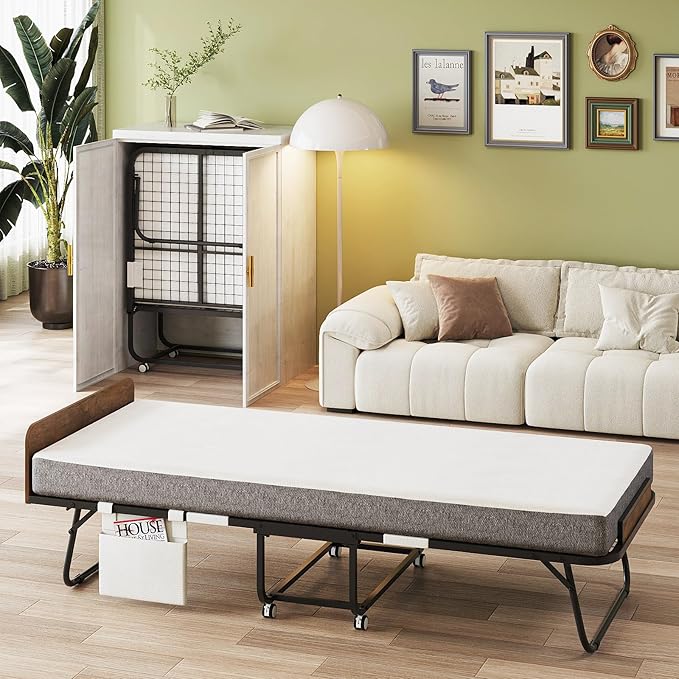 Folding Bed with 5" Mattress Wooden Headboard Side Pocket Cot Size Portable Beds for Adults Folded Guest Bed, Home Office,Fold Up Roll Away Beds for Easy Storage (Rustic Brown, Cot 75x31)