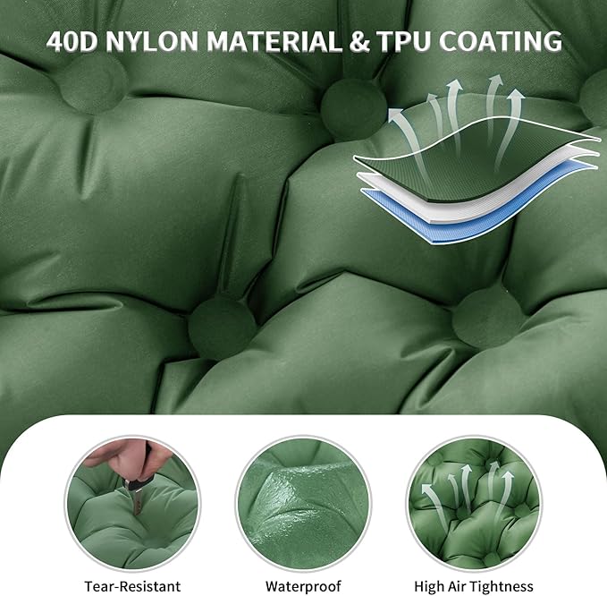 Camping Double Sleeping Pad, Self Inflating Sleeping Mat with Pillow Built-in Foot Pump, 2 Person Portable Camping Air Mattress for Backpacking, Hiking, Traveling, Tent(Green)
