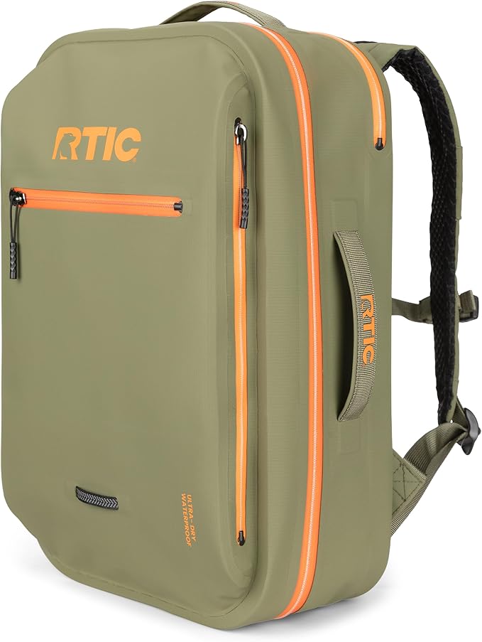 RTIC Ultra Dry Backpack, Waterproof Outdoor Floating Bags for Hiking, Travel, Camping, Boating, Backpacking, 26L, Olive & Orange