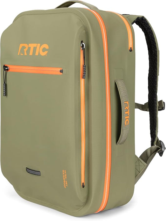 RTIC Ultra Dry Backpack, Waterproof Outdoor Floating Bags for Hiking, Travel, Camping, Boating, Backpacking, 26L, Olive & Orange