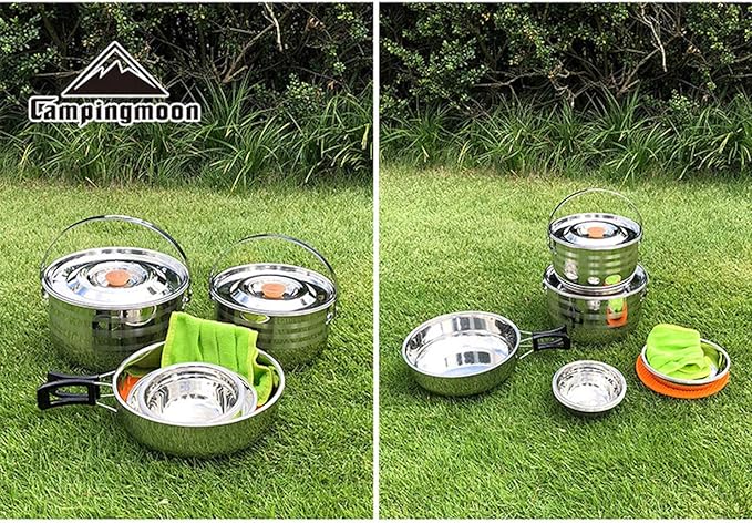 CAMPINGMOON Camping Cookware Set Stainless Steel Outdoor Nesting Cooking Mess Kit Pots Pans Bowls with Storage Carrying Tote Bag