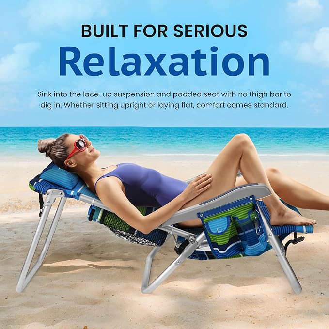 Homevative Cooler+ Folding Backpack Beach Chair with 5 Positions, Towel bar, XL Cooler Pouch, Storage Net, Cup and Phone Holder, Deep Sea, 2 Pack
