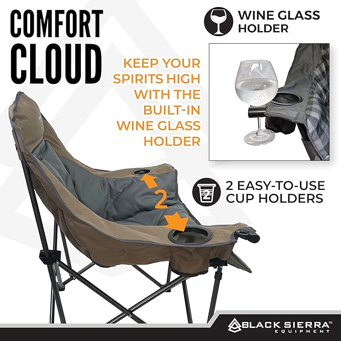 Black Sierra Oversized Camping Chair for Adults, Heavy Duty Outdoor Seat with Plush Padding, Supports 400lbs, Cup Holder & Carry Bag, Comfortable Folding Chair for Tailgating, Patio, & Sideline Events