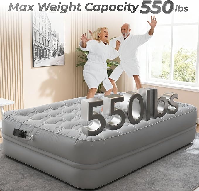Queen Air Mattress with Built-in Pump - 3 Min Fast Inflation, 18" Portable Foldable Air Bed, 650lbs Capacity w/Rechargeable Battery, Plush Pongee Fabric for Camping & Guest Room (Gray)