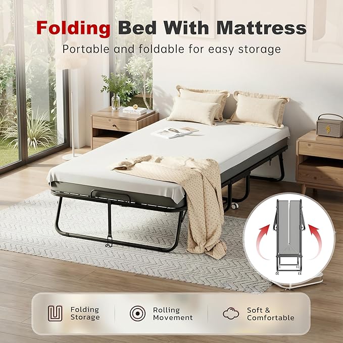 Superday Folding Bed with Mattress, 75” x 31” Portable Rollaway Bed, Twin Foldable Bed with 5" Mattress, Roll Away Beds for Adults, Fold up Beds for Guest Room&Small Apartment, Twin Size,Cot Size