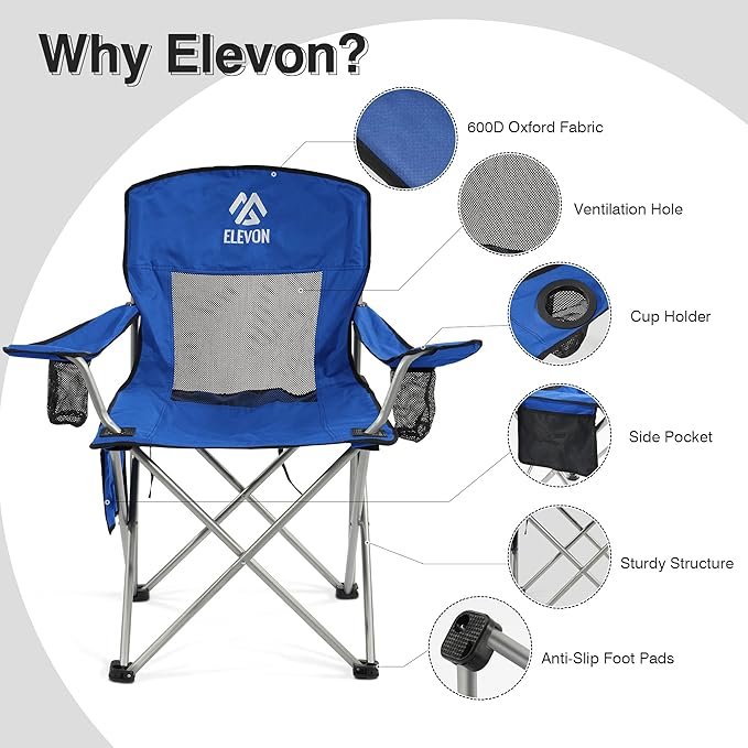 Elevon Folding Camping Chairs, Portable Outdoor Beach Chair for Adults with Carry Bag & Cup Holder, Foldable Lawn Chair with Mesh Backrest for Camp Fishing Hiking Travel Picnic Sports,