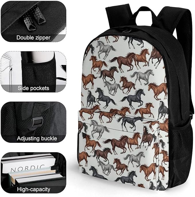 Supdreamc Men Women Lightweight Wild Horse Casual Daypack Big Capacity Bookbag With Padded Straps for Gym Travel Walking Cycling