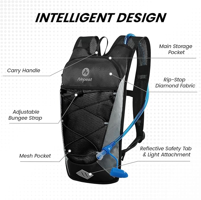 Nepest Hydration Backpack with 2L Water Bladder for Cycling, Water Backpack for Hiking Running, Lightweight Hydration Pack , Grey