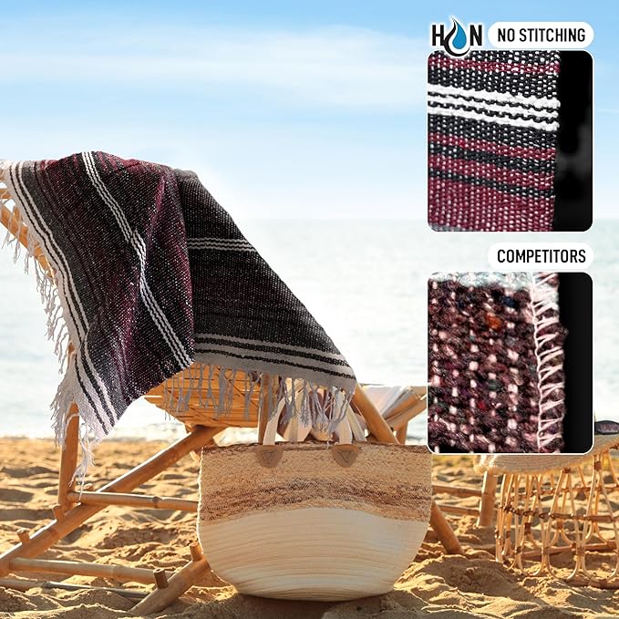 Authentic Large Handwoven Mexican Blanket - Soft Yoga- Durable Serape- Lightweight Falsa, Beach, Camping, Picnic, Outdoor Blanket 70"x50" - Cherry