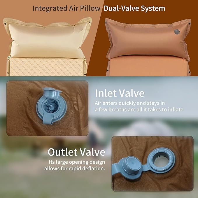 Self-Inflating Camping Mat - 1.2"/2" Thick Portable Air Mattress with Pillow for Outdoor, Hiking & Travel (Offwhite 2" for Single)