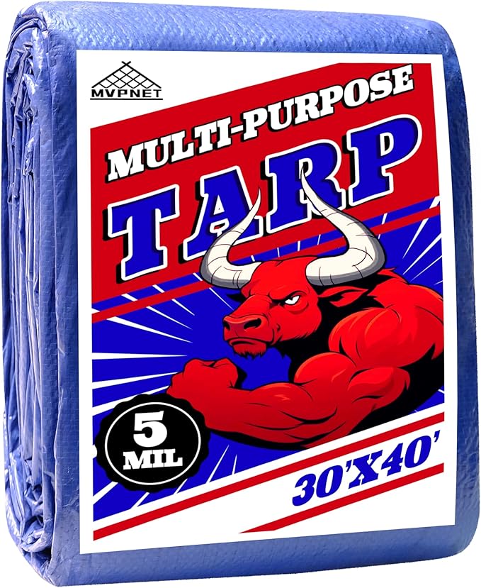 Tarp 30x40 ft 100% Waterproof Uv Resistant High Durability Multipurpose 5mil Blue Tarp for Covering Courtyards, Cars, Camping, Gardens, Pet Nests -by MVPNET