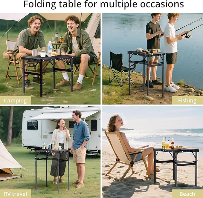 2ft Folding Camping Table Max 29.5" with Storage Net, 3 Adjustable Height Aluminum Small Folding Table, Portable Handle, Lightweight, for Travel Outdoor Beach Picnic Camp, 23.2" x 16", Black