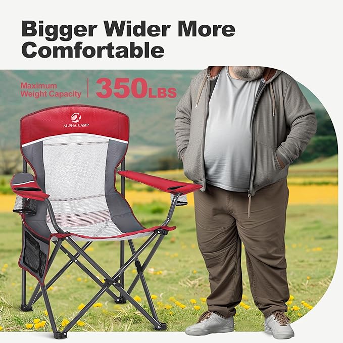 LET'S CAMP Mesh Back Camping Chair Portable Folding Heavy Duty Outdoor Chair Support 330 LBS Durable Large Arm Chair with Cup Holder and Carry Bag for Camp, Fishing, Hiking, Red
