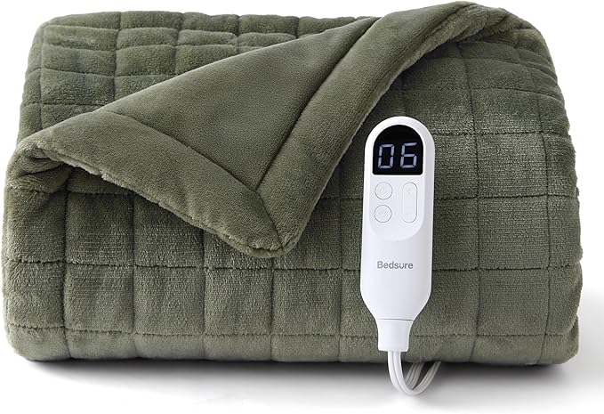 Bedsure Heated Blanket Throw Blanket - Quilted Electric Blanket, Soft Flannel Thick Heating Blanket with 4 Time Settings & 6 Heating Settings, Warm Gifts for Women Men (50x60 inches, Olive Green)