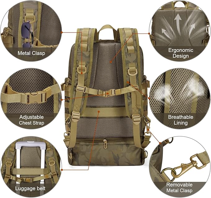 BERTASCHE Lunch Backpack for Men, 15.6 Inch Laptop Backpack for Work College Travel Camping Tactical Molle Daypack, Camo Green
