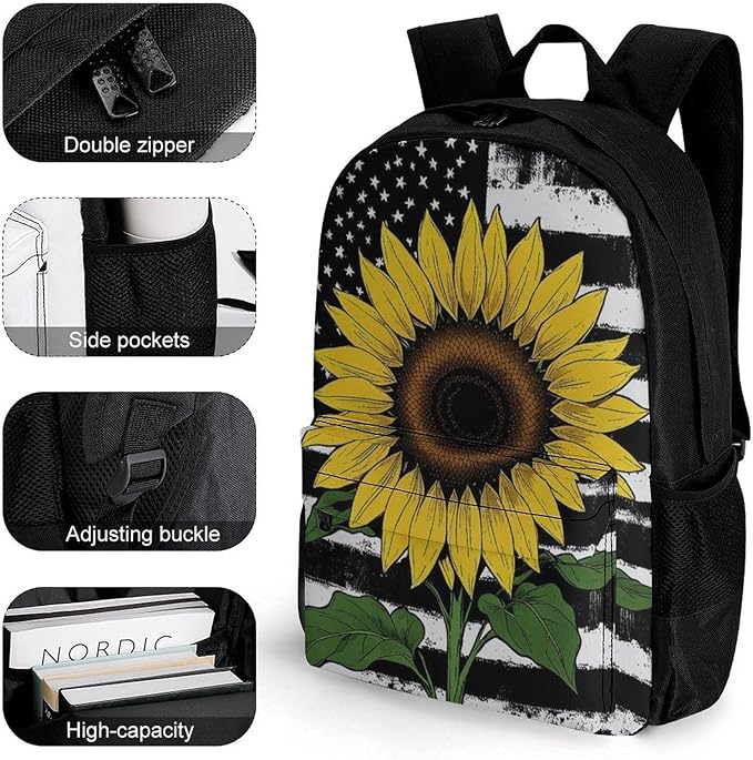 Supdreamc Men Women Polyester American Thin Black Line Flag Sunflower Art Backpack Large Capacity Bookbag With Smooth Zippers for Climbing Picnic Bicycle