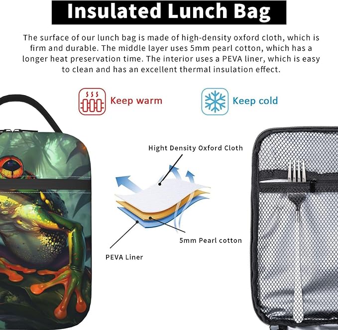 Frog Lunch Box for Kids Aldults, Realistic Animal Reusable Thermal Insulation Cooler Tote Bags, Red Eye Tree Jungle Pattern Insulated Bag for Student, School Picnic Camping Travel, Gifts