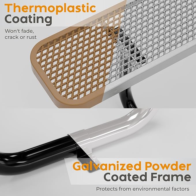 Metal Picnic Furniture for Outdoors with Umbrella Hole - Coated Steel Heavy Duty Commercial Grade Table with Adjustable Seats, Patio Set for a Lifetime (Brown, 8' Rectangular)