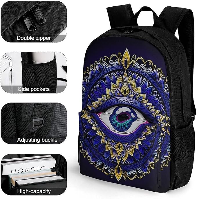 Shoulder Book Bags Polyester Multipurpose Anti-Theft Abstract Symbol Of All Seeing Eye Boho Indian Ethnic Style Carry On Bag Large Capacity Travel Hiking Camping Rucksack