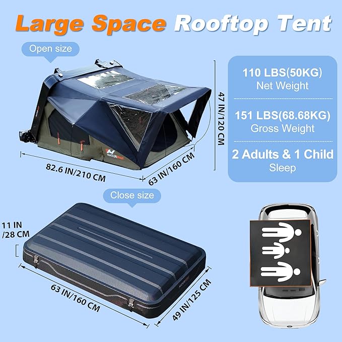 Naturnest Rooftop Tent Hard Shell, Easy Set Up Pop Up Large Tent for 2-3 Person Camping, Waterproof UV-Resistant Blackout 4 Season Tents for Truck, Jeep, SUV, Van, Trailer - Sirius 1 Plus