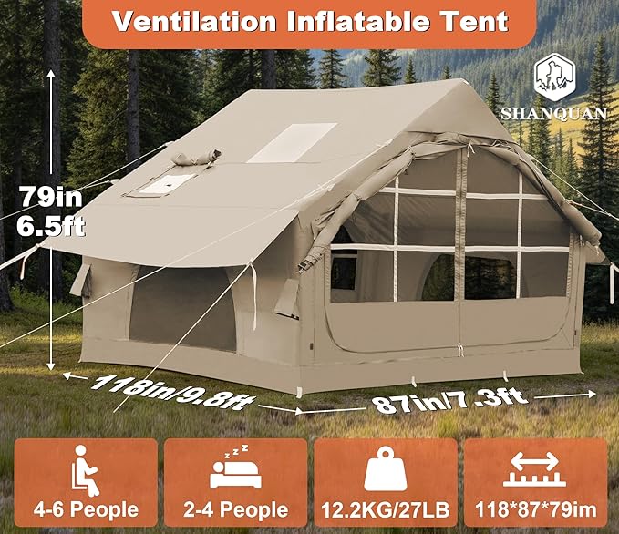 Inflatable Tents for Camping with Stove Jack, 2/4/6/8 Person Easy Setup Blow Up Tents for 4 Seasons Waterproof Inflatable Camping Tent with Awning, Air House Glamping Tents for Camping Adult