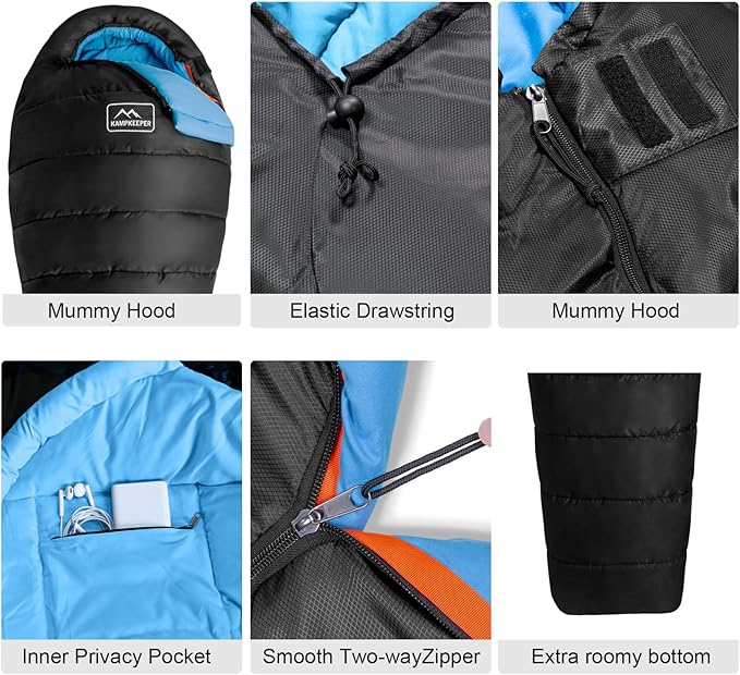 KAMPKEEPER Mummy Sleeping Bag for Adults,3-4 Seasons Cold Weather,Waterproof,Lightweight,Non-Snag Zipper with Adjustable Hood Perfect for Backpacking, Hiking,Camping
