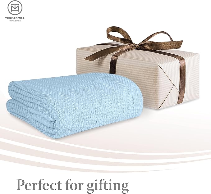 Threadmill Luxury Cotton Blankets for Queen Size Bed | All-Season 100% Cotton Queen Size Blanket | Herringbone Cozy, Soft Breathable Fall Thermal Blanket fits Full Size Bed | Light Blue