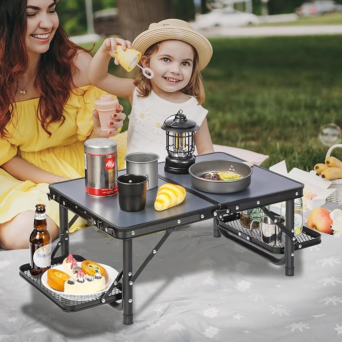 RedSwing Small Folding Table 2ft, Adjustable Height with Extra Space, Lightweight and Portable Aluminum Frame Camping Table for Outdoor Indoor Picnic, Black