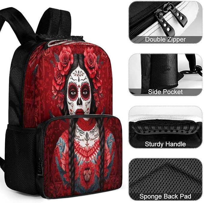 Polyester Daypack for Hiking Work Running, Big Capacity Anti-Theft Multipurpose Shoulder Bag, Mexican Red Rose Sugar Skull Floral Women Day Of The Dead Art Travel and Sport Backpack Rucksack