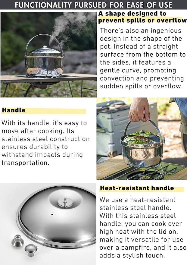 CAMPINGMOON 3.0L Cooking Pot 3-ply Stainless Steel IH Compatible Rice Cooker CC-21