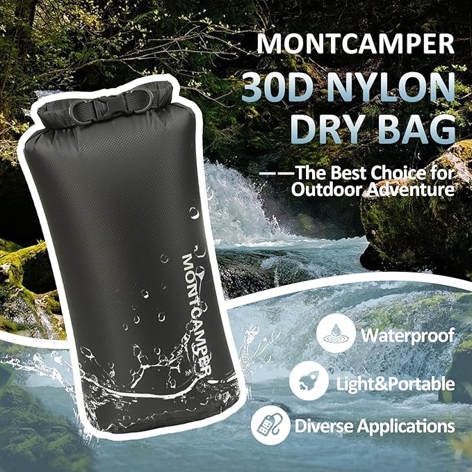 Waterproof Dry Bag 10L – 30D Nylon Roll Top Dry Sack with DWR & PU Coating, Lightweight Water-Resistant Storage for Kayaking, Camping, Hiking, Fishing & Beach (Black)