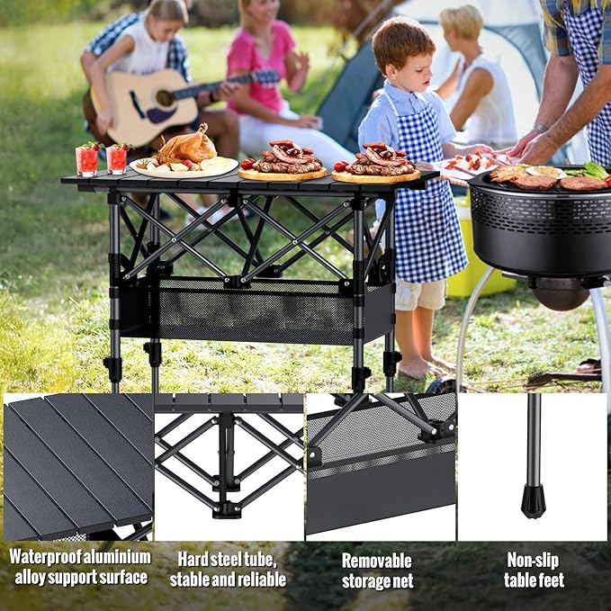 GARLLEN Folding Camping Table, Portable Roll-up Picnic Table with 2 Adjustable Height, Lightweight Aluminum Outdoor Table with Storage Net and Carrying Bag for Camping, Picnic, BBQ