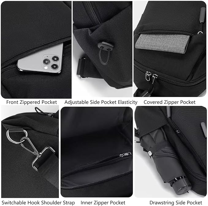 Waterproof Sling Bag for Mens Crossbody Bag, Wear-Resistant Travel Sling Backpack Chest Bag with Adjustable Shoulder Strap Anti Theft Daypack for Hiking Sports Running Women-Black