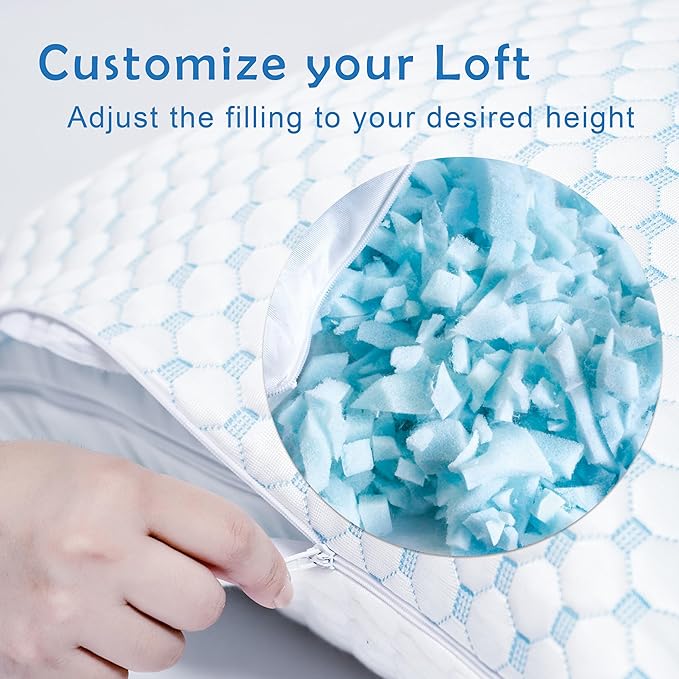 Premium Adjustable Shredded Memory Foam Pillow - Suitable for Side, Back, and Stomach Sleepers, with Cooling Fiber Machine Washable Cover (Standard - 1 Count)