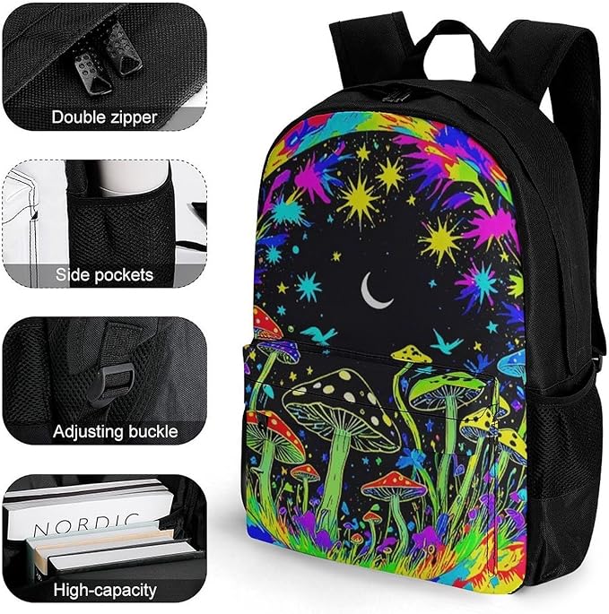 Supdreamc Lightweight Rucksacks for Climbing Outdoors Walking Cycling, Large Capacity Anti-Theft Multipurpose Carry On Bag, Tie Dye Mandala Trippy Mushroom Art Camping Outdoor Backpack