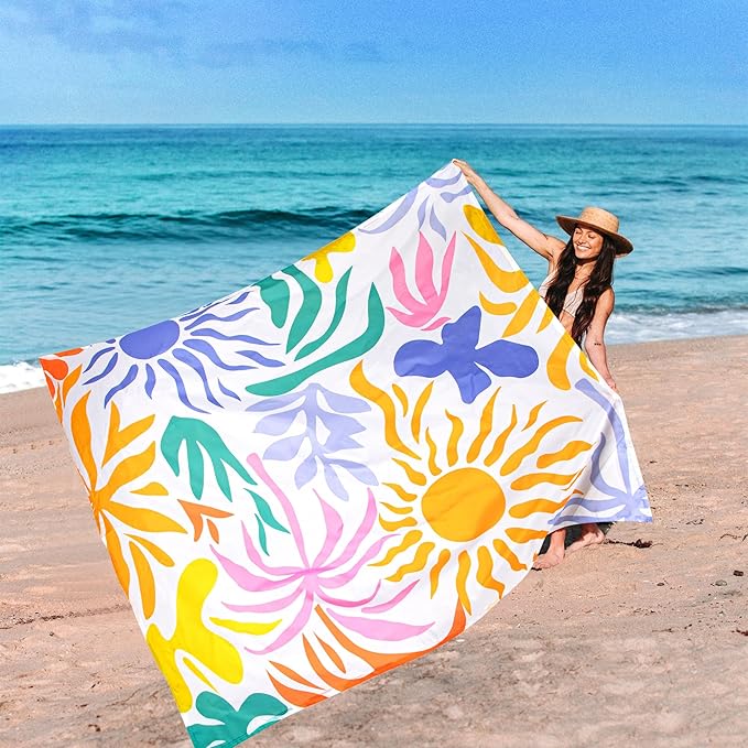 Beach Blanket, Waterproof Sandproof Beach Mat with 4 Stakes & 4 Pockets, 78''×86'' Large Compact Lightweight Sand Free Outdoor Essentials for Beach, Picnic, Travel, Camping