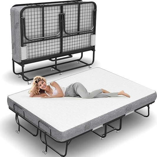 Folding Bed with Mattress 75 x 54 Full Size for Adults Rollaway Bed Fold Up Foldable Portable Extra Large Spare Guest Beds on Wheels for Home School Dorm Office Hospital