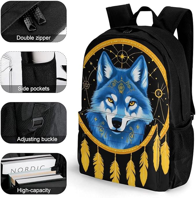 Lightweight Daypack Bookbag for Trekking Business Walking Cycling, Big Capacity Anti-Theft Multipurpose Carry On Bag, Boho Totem Native American Wolf Dream Catcher Business Computer Bag