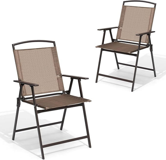 Crestlive Products Set of 2 Patio Dining Chairs, Outdoor Folding Chairs Portable Sling Recliner with Armrest for Camping, Garden, Backyard, Deck Brown