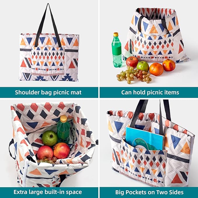 Outdoor Packable Picnic Blanket with Zipper Folds into Tote Bag with Large Storage and Shoulder Strap, Waterproof Sandproof for Lawn Beach Hiking Camping (colorful2, Small)