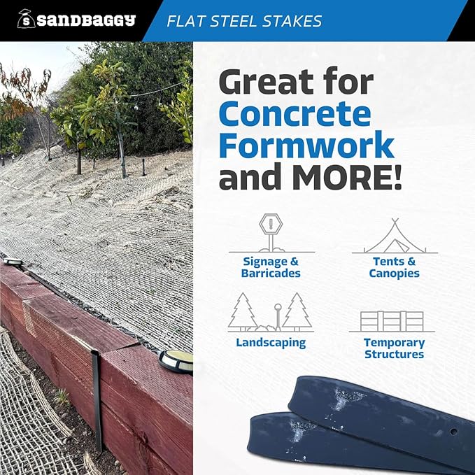 Sandbaggy Flat Steel Stakes for Concrete Forms with Nail Holes - 1.5" Wide - Painted - Removable, Reusable, V Point End - Construction Grade Stakes (100, 12 inch)