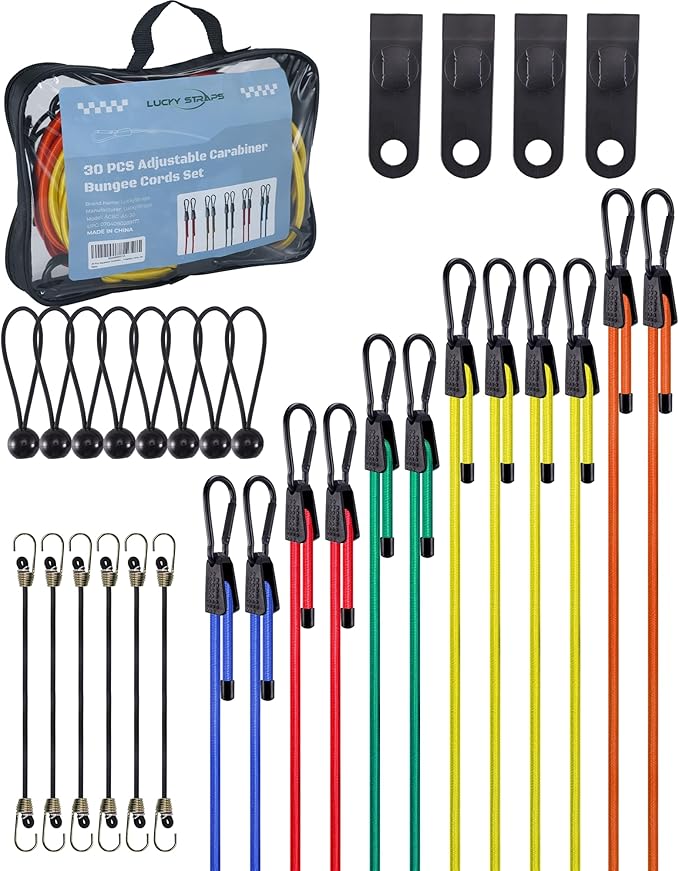 30 Pcs Adjustable Carabiner Bungee Cords Assorted Sizes, Includes 18'' 24'' 36'' 48'' 60" Bungee Straps with Hooks, 10" Mini Bungee Cord, 6" Ball Bungees and Tarp Clips, Great for Cargo, Bike, Cart