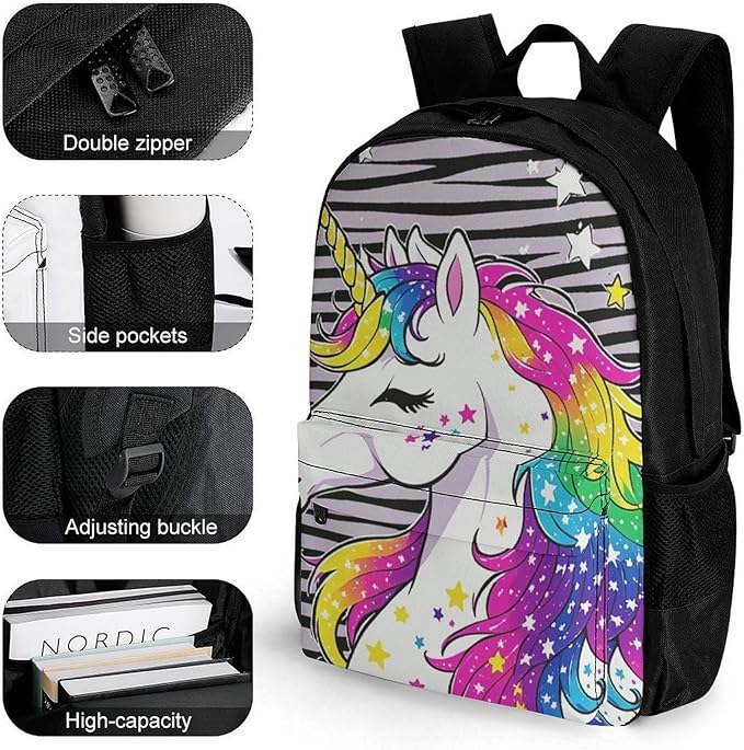 Daypack Anti-Theft Multipurpose Large Capacity Shoulder Bag, Unicorn Black Stripes Travel Hiking Camping Rucksack With Smooth Zippers