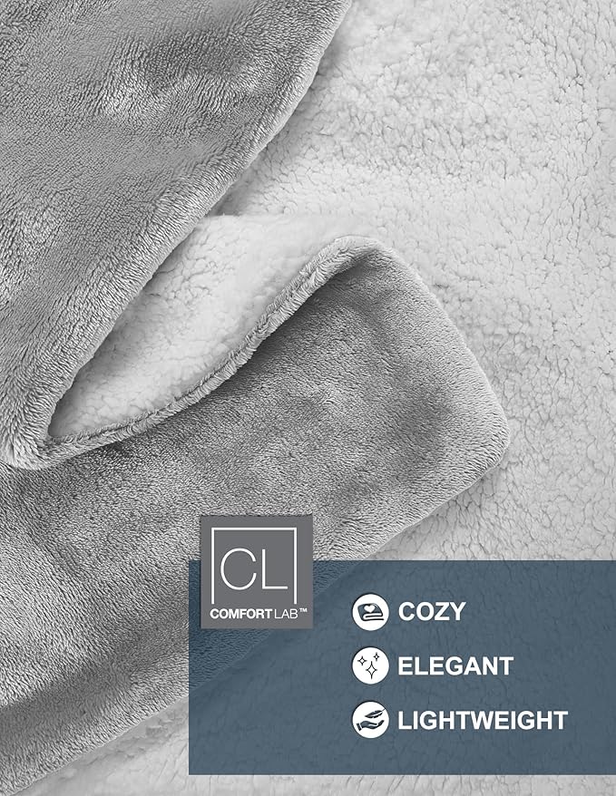 Comfort Lab Reversible Flannel Sherpa Blanket - Elegant Fluffy Bed Blankets for Bedroom and Home Decor - Anti Pilling Non Shedding Cozy & Warm Fleece Cover - Twin/Twin XL (66" x 90") - Grey