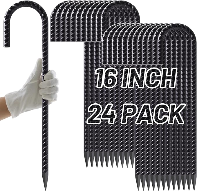 AAGUT 16 Inches 24 Pack Rebar Staks J Hook 3/8” Ground Stakes Heavy Duty with Chisel Point End for Camping Tent, Chain Link Fence, Outdoor Decorations, Inflatables, Black Coated