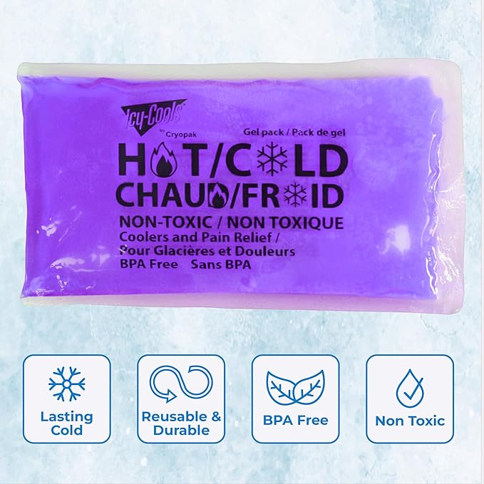 ICY-COOLS 3 Pack Reusable Hot or Cold Gel Ice Packs for Injuries, Multipurpose Ice Packs for Lunch Boxes, Long-Lasting Cold Therapy for Pain Relief, 4 x 8 Inches (Purple)